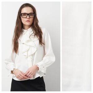 NWT. Zara White Satin Effect Shirt with Frills. Size XL.